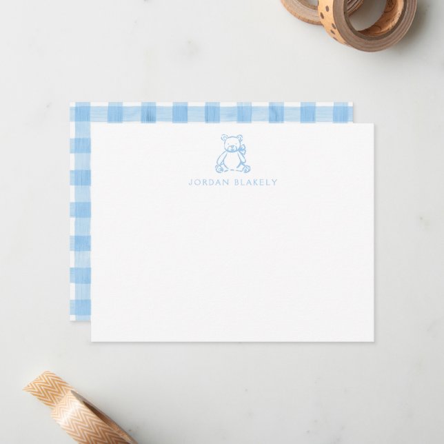 Cartão de Nota de Bebê, Urso Teddy Azul Claro Xadr (Frente/Verso In Situ)