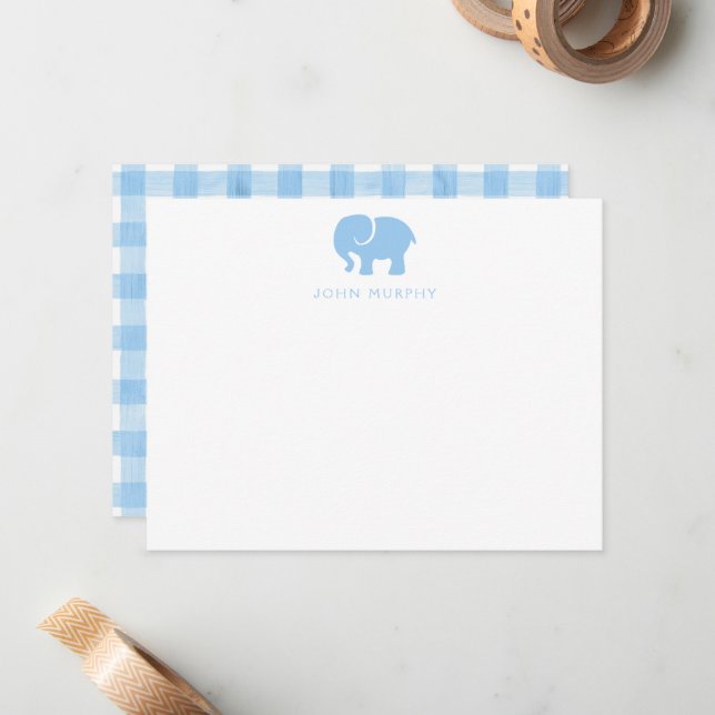 Cartão de Nota de Bebê, Xadrez Azul Claro Elefante (Frente/Verso In Situ)