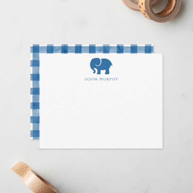 Cartão de Nota de Bebê, Xadrez Azul Elefante (Frente/Verso In Situ)
