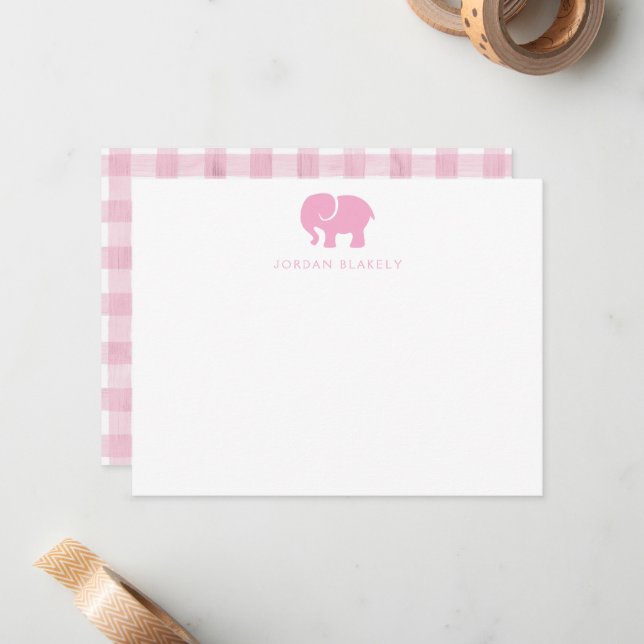 Cartão de Nota de Bebê, Xadrez Elefante Rosa Claro (Frente/Verso In Situ)