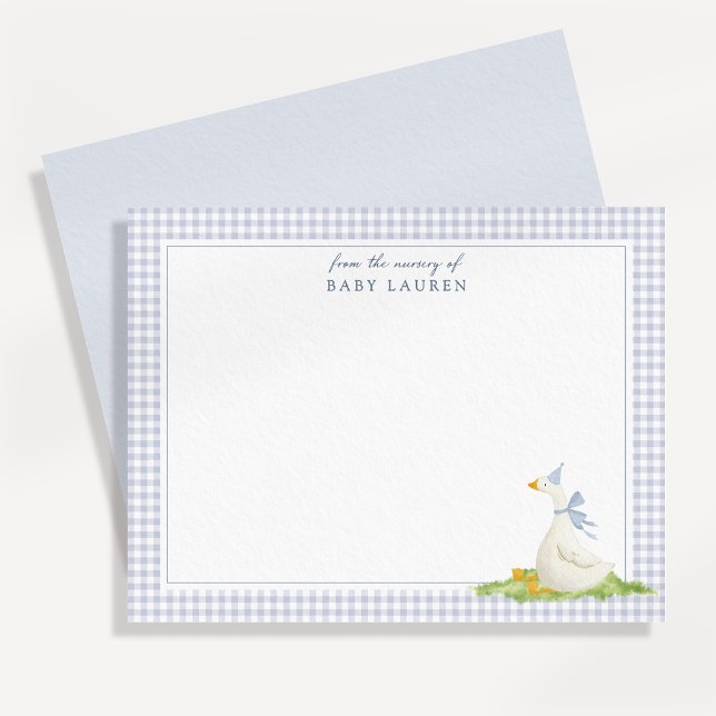 Cartão de Nota de Berçário Blue Gingham Silly Goos (Criador carregado)