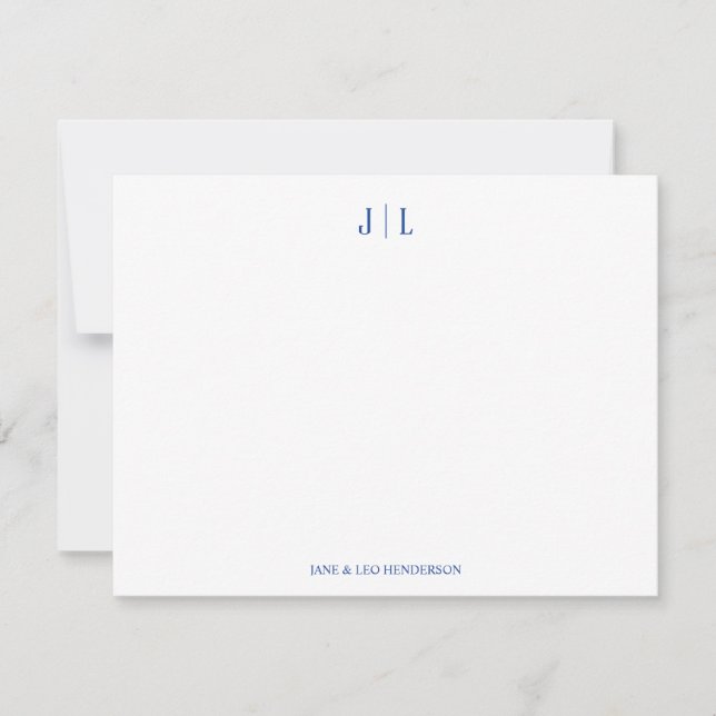 Cartão de Nota de Casamento Azul Clássico com Mono (Frente)