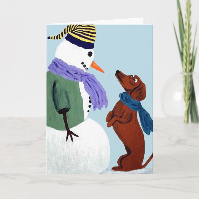Cartão de Nota de Dachshund e Boneco de Neve (Frente)