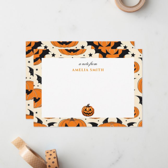 Cartão de Nota de Festa de Halloween de Abóbora de (Frente/Verso In Situ)