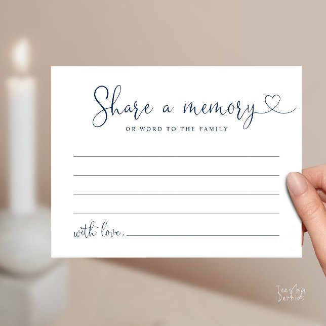 Cartão de Nota de Funeral Minimalista Compartilhe  (Minimalist Script Share a Memory Funeral Note Card in Navy Blue)