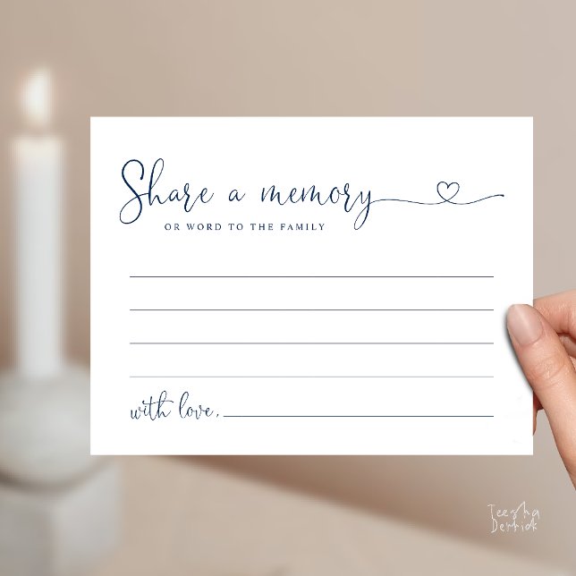Cartão de Nota de Funeral Minimalista Compartilhe  (Modern Minimalist Script Share a Memory Funeral Note Card in Navy Blue)