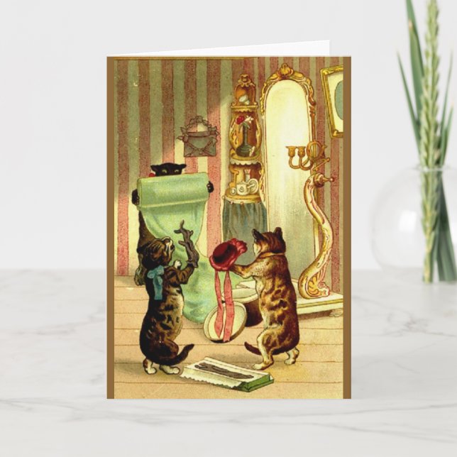 Cartão de Nota de Gato e Gatinho Vintage se Vestin (Frente)