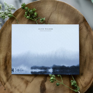 Cartão de Nota de Monograma Azul Paisagem Azul