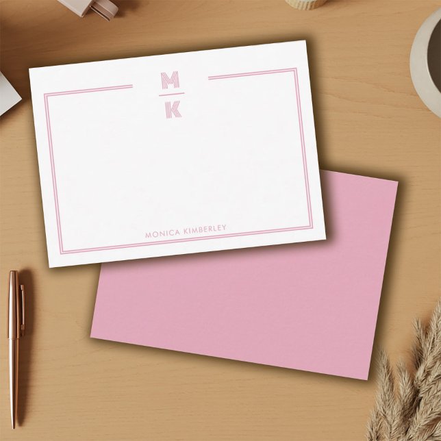 Cartão de Nota de Monograma de Duas Bordas Minimal (Minimalist Blush Two Border Monogram Note Card)