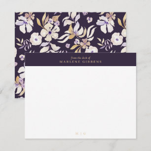 Cartão de nota de monograma floral roxo escuro