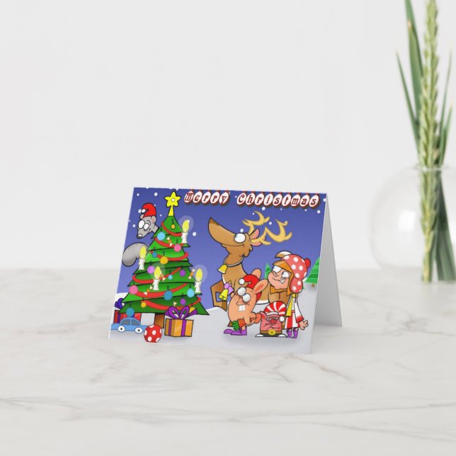 Cartão de Nota de Natal de Reindee e Amigos (Frente)
