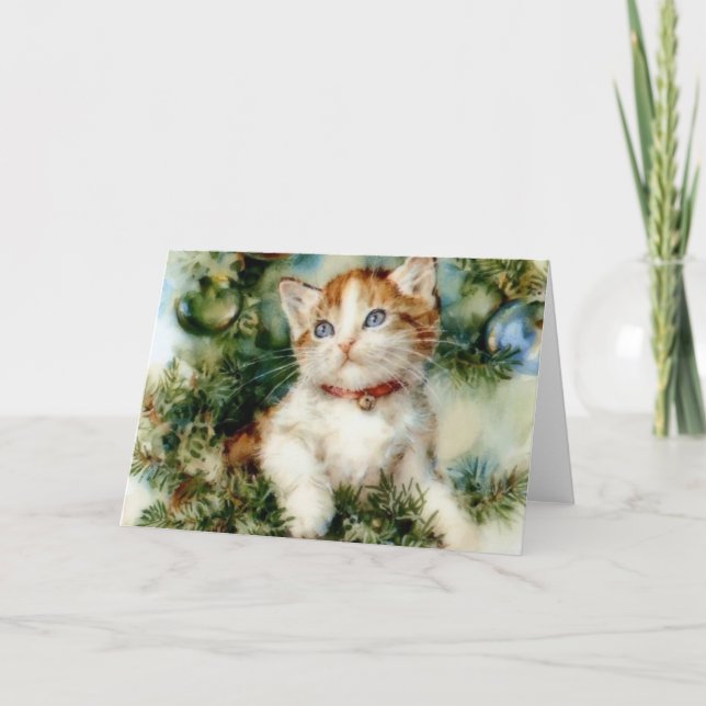 Cartão de Nota de Natal Vintage Kitten (Frente)