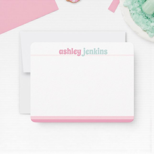 Cartão de Nota de Nome Moderno Rosa e Verde Água,  (Modern pink and mint personalized stationery)