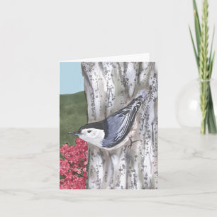 Cartão de Nota de Nuthatch e Flores Cor-de-Rosa de