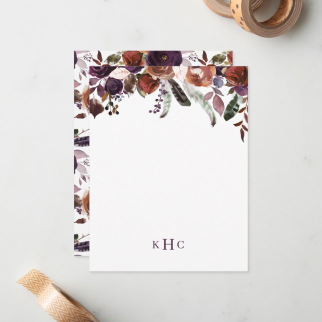 Cartão De Nota De Papel Com Monograma De Boho Qued (Frente/Verso In Situ)