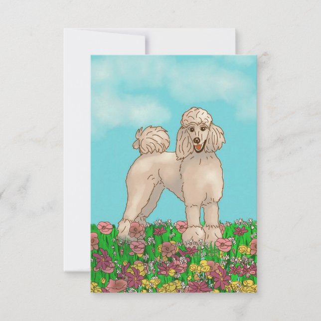 Cartão de Nota de Poodle Branco e Flores de Aquare (Frente)
