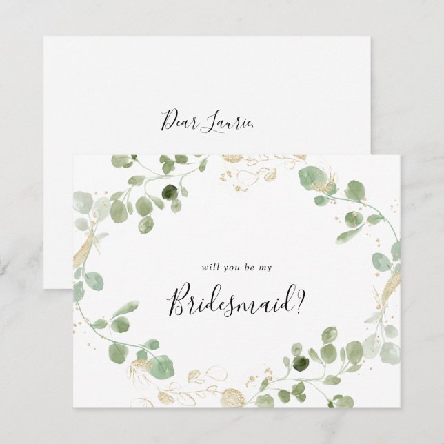 Cartão de Nota de Proposta Eucalyptus Bridesmaid D (Frente/Verso)