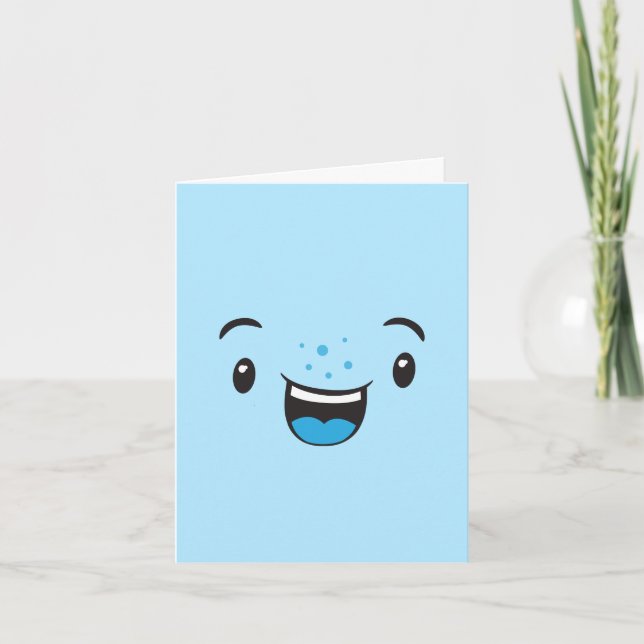Cartão de Nota de Rosto Kawaii Sorridente Azul (Frente)