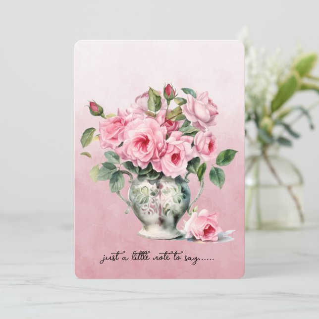 Cartão de Nota de Vaso de Rosas Cor-de-Rosa (Em pé/Frente)