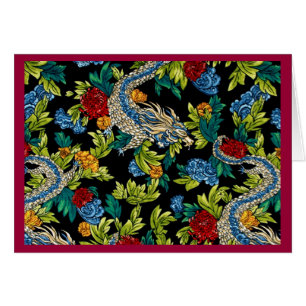 Cartão de Nota do Dragão Asiático Padrão Floral