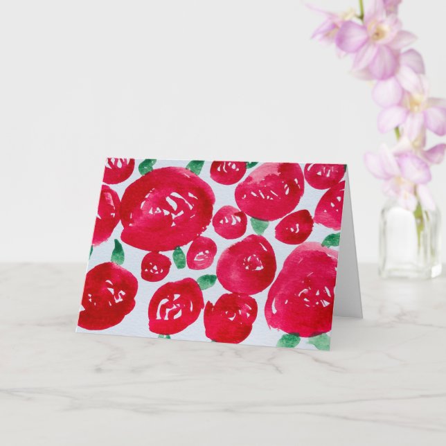 Cartão de Nota Dobrado com Rosas Vermelhas em Aqua (Orquídea)