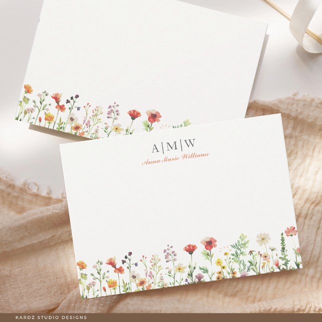 Cartão de Nota Elegante Boho Chic Monogramado (Card shown in 3.5 x 5 in. Choose size corner, style before check out. Card comes with off-white back)