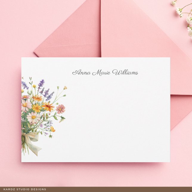 Cartão de Nota Elegante Boho Wildflower (The front of the card is shown at a 3.5 x 5 inch size. Choose size, paper, + corner style.)