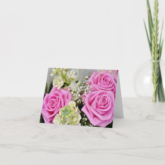 Cartão de Nota em Branco com Flores de Rosa Rosa (Frente)