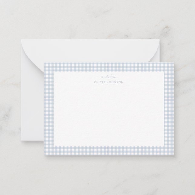 Cartão de nota em gingham azul poeirento para meni (Frente)