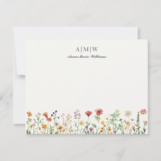 Cartão de Nota Floral Elegante Monogramado (Frente)