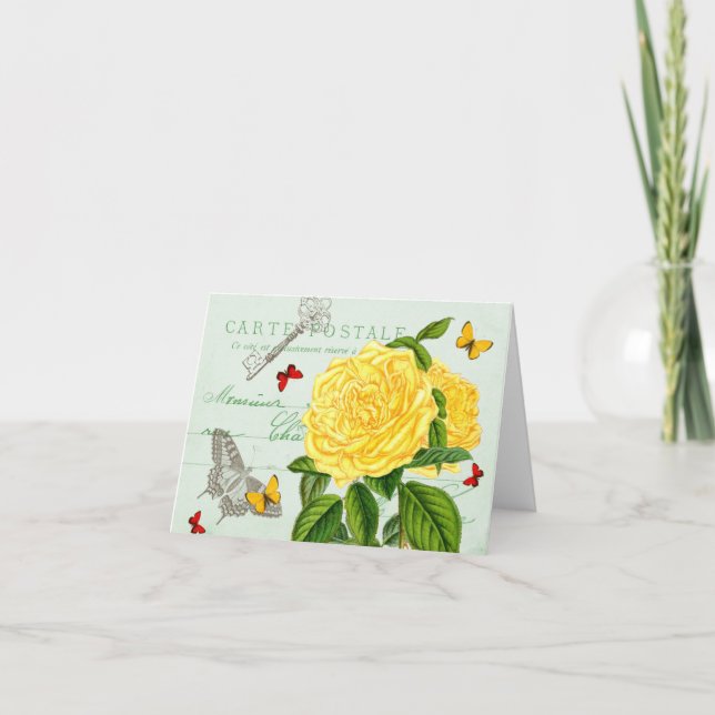 Cartão de nota floral francês com rosa bonito (Frente)