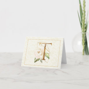 Cartão de Nota Floral Monograma T Dourado