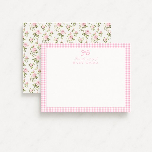 Cartão de Nota Floral para Bebê Rosa Gingham e Ros (Criador carregado)