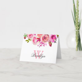 Cartão de Nota Floral Rosa Brilhante, Com Monogram