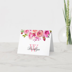 Cartão de Nota Floral Rosa Brilhante, Com Monogram