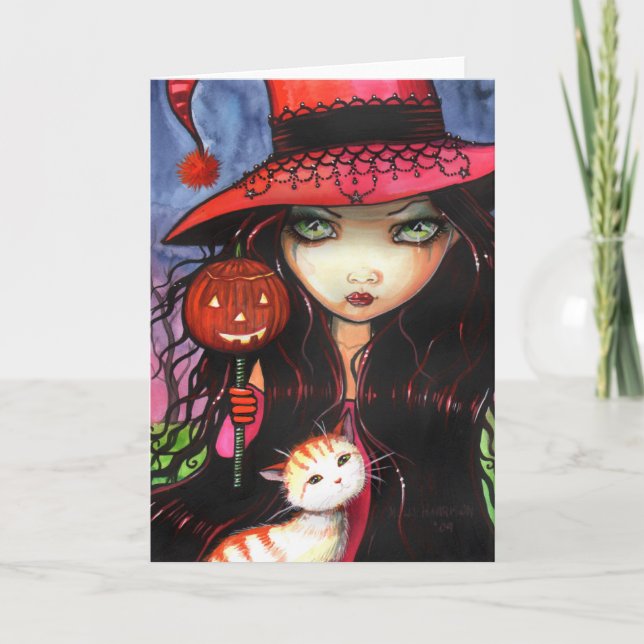 Cartão de Nota Gótica de Halloween Gata Bruxa (Frente)