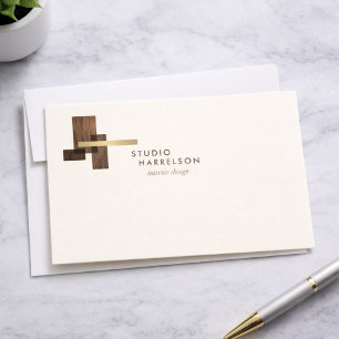 Cartão de Nota Marfim Logotipo Madeira Dourada Des