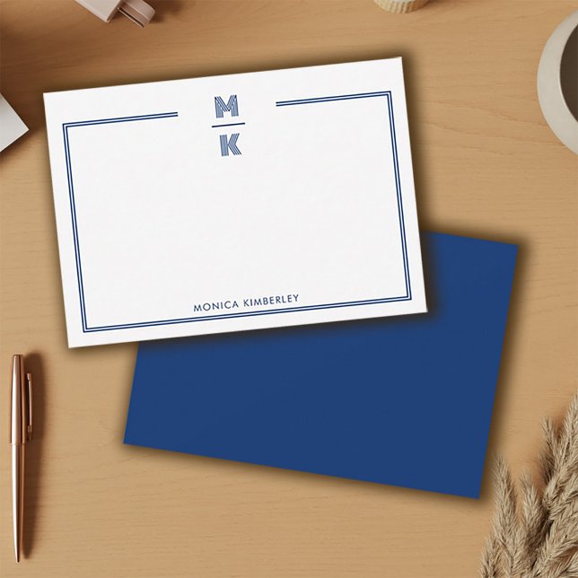 Cartão de Nota Mínimo de Monograma Azul de Marinho (Minimalist Navy Blue Two Border Monogram Note Card)