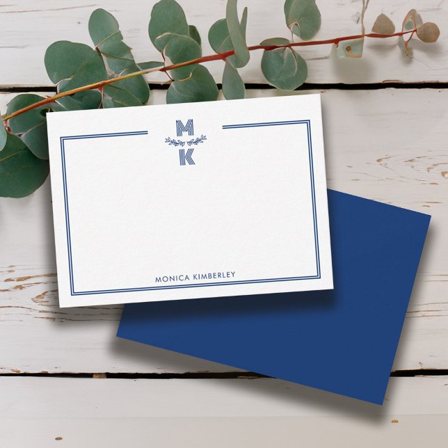 Cartão de Nota Mínimo de Monograma Azul de Marinho (Minimalist Navy Blue Two Border Monogram Note Card)