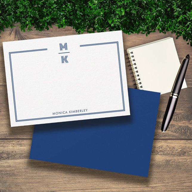 Cartão de Nota Mínimo de Monograma Azul de Marinho (Minimalist Navy Blue Two Border Monogram Note Card)