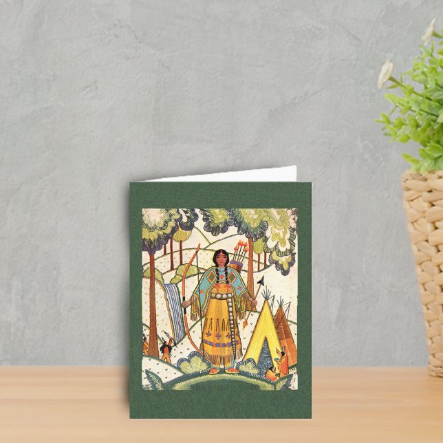 Cartão de nota novo do nativo americano (Native american lady in forest teepee faux embroidery look on dark green notecards.)