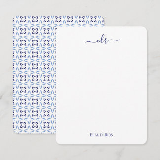 Cartão de Nota para Monograma, Azul e Branco, mari