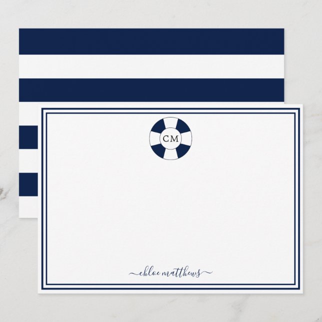 Cartão de Nota para Monograma com Marinho Náutico  (Frente/Verso)