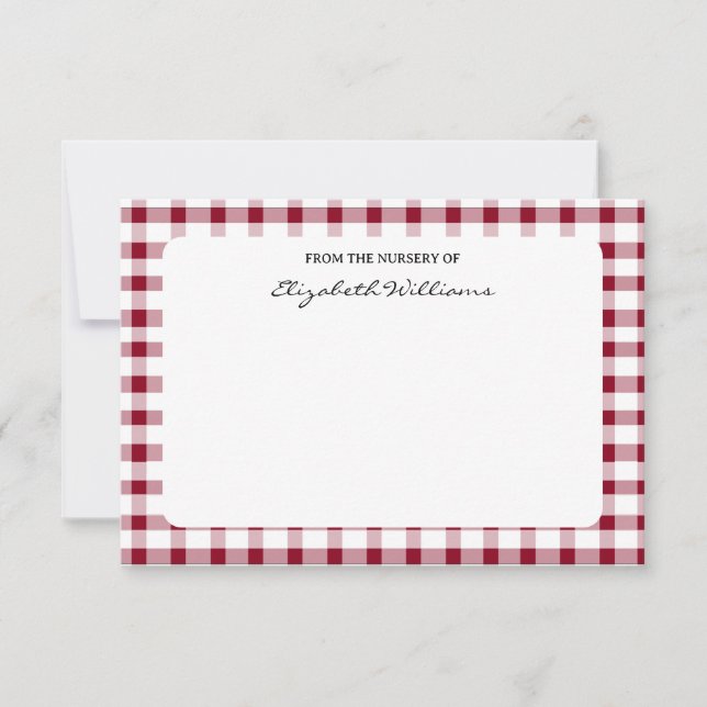 Cartão de Nota Personalizada de Borda Gingham Verm (Frente)