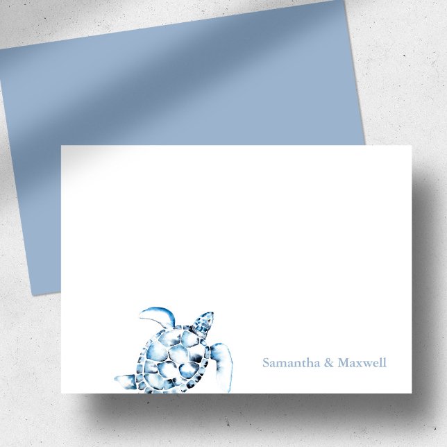 Cartão de Nota Personalizado Azul-Tartaruga-do-mar (Personalized sea turtle notecard dusty blue watercolor art by Victoria Grigaliunas Do Tell A Belle)