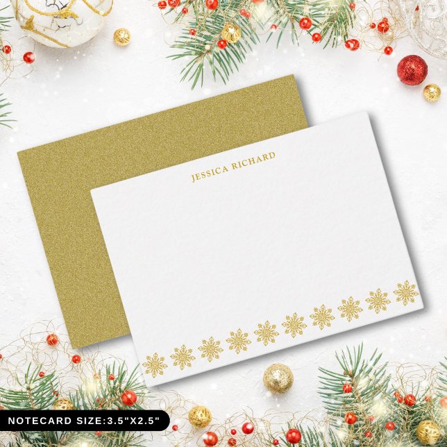 Cartão de Nota Personalizado Elegante Floco de Nev (Elegant Gold Snowflake Personalized Note Card)