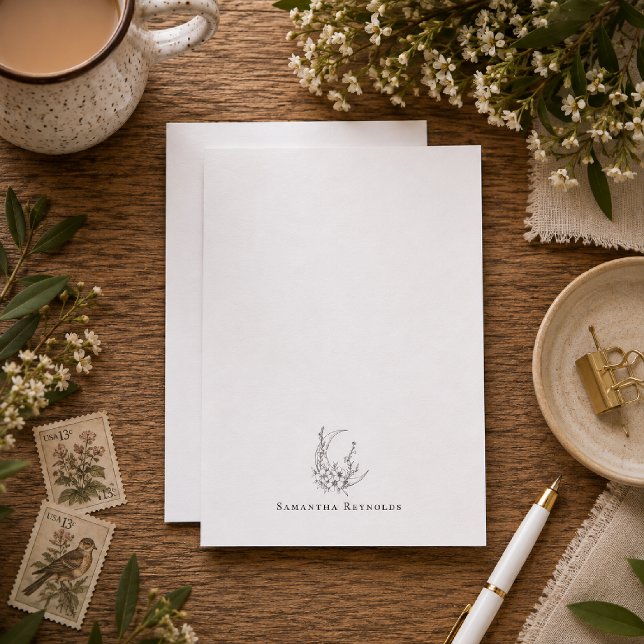 Cartão de Nota Personalizado Floral Crescente Lua (Criador carregado)