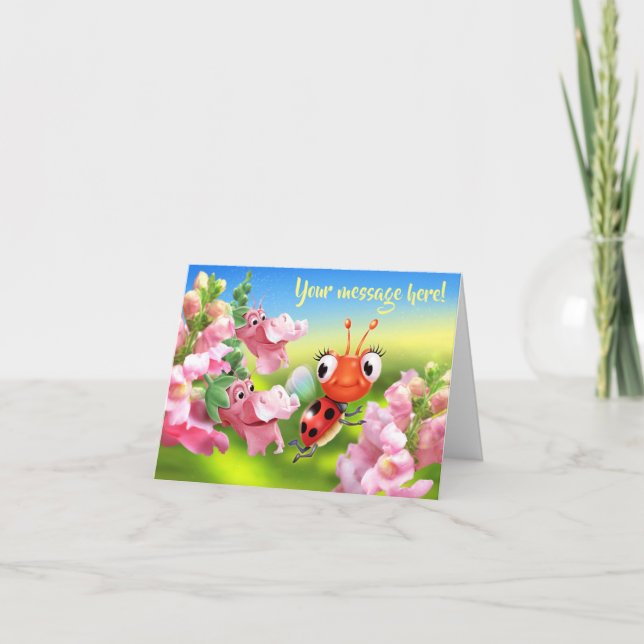 Cartão de Nota Personalizado Ladybug e flores amig (Frente)