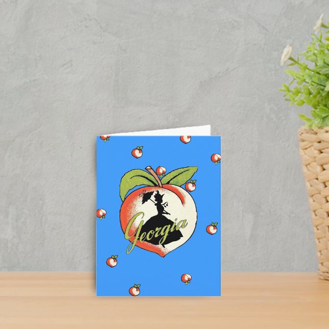 Cartão de Nota Pêssego da Geórgia (Silhouette Southern Belle hoop skirt on big Georgia peach on vibrant blue notecards.)