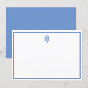 Cartão de Nota Plana Azul e Branco Monograma Elega
